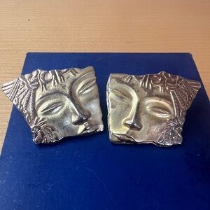 Vintage Asian Gold Face Earrings Distressed Sculptural Style
